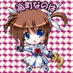  1girl :o bow character_name chibi fingerless_gloves futaba_shion gloves lowres lyrical_nanoha magazine_(weapon) magical_girl mahou_shoujo_lyrical_nanoha mahou_shoujo_lyrical_nanoha_a&#039;s raising_heart red_bow redhead solo takamachi_nanoha twintails utanone_shion violet_eyes 