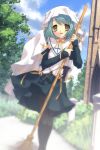  1girl :d anzu bamboo_broom black_legwear blue_hair broom building bush clouds cross game_cg grass green_hair habit highres holding_broom itou_noiji long_sleeves looking_at_viewer open_mouth outdoors pantyhose peace@pieces ribbon sky smile solo tree upskirt wind yellow_eyes yellow_ribbon 
