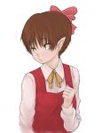  1girl arm_at_side ascot bow brown_eyes brown_hair clenched_hand collared_shirt gegege_no_kitarou hair_bow hand_on_own_chest long_sleeves looking_to_the_side nekomusume pink_bow pointy_ears shirt short_hair simple_background solo touei un_do upper_body very_short_hair vest white_background ze_(sawakihein) 