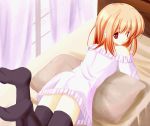  arm_support bare_shoulders bottomless looking_back lying pillow sakura_mikan sakura_mikan_(chirizakura) sweater thigh-highs zettai_ryouiki 