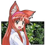  1girl :d animal_ears hairband hirata_katsuzou long_hair lowres open_mouth photo_background redhead smile solo transparent_background 