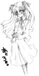  1girl blush dress fate/stay_night fate_(series) formal hair_ribbon hizuki_yayoi long_hair looking_at_viewer monochrome ribbon simple_background skirt solo standing tohsaka_rin twintails white_background 