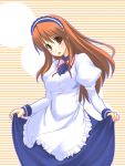  1girl :o alternate_costume apron asahina_mikuru blue_dress brown_eyes dress enmaided frills head_tilt juliet_sleeves kaneru long_hair long_sleeves looking_at_viewer maid maid_apron maid_headdress open_mouth orange_hair own_hands_together puffy_long_sleeves puffy_sleeves skirt_hold solo standing suzumiya_haruhi_no_yuuutsu waitress 