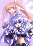  2girls blue_hair brown_hair coat fingerless_gloves gauntlets gloves headband jacket kouno_hikaru long_hair looking_at_viewer lyrical_nanoha magical_girl mahou_shoujo_lyrical_nanoha mahou_shoujo_lyrical_nanoha_strikers midriff multiple_girls navel open_clothes open_jacket open_mouth overcoat puffy_sleeves redhead revolver_knuckle serious short_hair smile subaru_nakajima takamachi_nanoha thigh-highs twintails uniform violet_eyes waist_cape zettai_ryouiki 