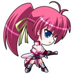  1girl blue_eyes chibi futaba_shion gloves levantine lowres lyrical_nanoha magical_girl mahou_shoujo_lyrical_nanoha mahou_shoujo_lyrical_nanoha_a&#039;s pink_hair ponytail signum solo sword utanone_shion waist_cape weapon 