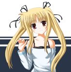  00s 1girl bare_shoulders black_bra blonde_hair blush bra closed_mouth fate_testarossa long_hair looking_at_viewer lyrical_nanoha mahou_shoujo_lyrical_nanoha odaya odayan off-shoulder_sweater red_eyes sidelocks smile solo sweater twintails two-tone_background underwear upper_body 