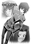  1boy 2girls belt blush c.c. code_geass doujinshi dutch_angle frown hand_in_pocket head_tilt jyura kallen_stadtfeld lelouch_lamperouge long_hair monochrome multiple_girls school_uniform serafuku short_hair smile 