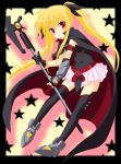  00s 1girl arm_belt bardiche belt blonde_hair cape fate_testarossa gloves lyrical_nanoha magical_girl mahou_shoujo_lyrical_nanoha ponytail red_eyes saki_chisuzu solo star thigh-highs twintails 