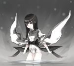  1girl black_eyes black_hair japanese_clothes kazuoki long_hair monochrome original solo water 