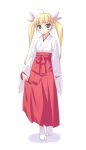  1girl blonde_hair japanese_clothes miko miyatsuki_itsuka original red_hakama simple_background solo tabi twintails 