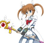  1girl blue_eyes bow brown_hair english failure fingerless_gloves flipper gloves lyrical_nanoha magazine_(weapon) magical_girl mahou_shoujo_lyrical_nanoha mahou_shoujo_lyrical_nanoha_a&#039;s mahou_shoujo_lyrical_nanoha_strikers raising_heart red_bow redhead solo takamachi_nanoha thigh-highs twintails violet_eyes waist_cape zettai_ryouiki 