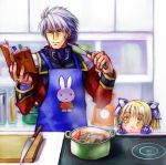  1boy 1girl age_difference apron banpresto blonde_hair book cooking irui_guneden kitchen knife ladle lowres miffy miffy_(character) nakamura_kanko pot reading sanger_zonvolt stove super_robot_wars weighing_scale white_hair 