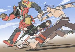  1girl 3boys blackalpha gurren-lagann kamina lagann leeron multiple_boys running shirtless simon tengen_toppa_gurren_lagann thigh-highs yoko_littner 