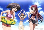  3girls :d absurdres armpits arms_up ass back ball bare_shoulders beachball bikini black_bikini black_hair black_swimsuit blue_eyes blue_sky breasts brown_eyes brown_hair cleavage clouds collarbone copyright_name female fingernails hair_bobbles hair_intakes hair_ornament halterneck hand_on_hips hands highres hips holding innertube komaki_manaka kousaka_tamaki leaning_forward long_hair looking_at_viewer looking_back megami midriff multiple_girls navel official_art open_mouth outdoors pink_bikini pink_swimsuit pinup polka_dot polka_dot_bikini polka_dot_swimsuit pose red_eyes redhead scan shadow shiny shiny_hair short_hair short_twintails side-tie_bikini sidelocks skindentation sky small_breasts smile swimsuit text thigh_gap thighs to_heart_2 twintails wallpaper white_bikini white_swimsuit yanagisawa_masahide yuzuhara_konomi 