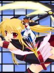  2girls arm_belt bardiche belt blonde_hair bow cape fate_testarossa fingerless_gloves gloves lyrical_nanoha magazine_(weapon) magical_girl mahou_shoujo_lyrical_nanoha mahou_shoujo_lyrical_nanoha_a&#039;s multiple_girls raising_heart red_bow red_eyes redhead saki_chisuzu takamachi_nanoha thigh-highs twintails violet_eyes wings 