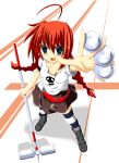 1girl ahoge blue_eyes fumihiro graf_eisen hammer lyrical_nanoha mahou_shoujo_lyrical_nanoha mahou_shoujo_lyrical_nanoha_strikers redhead shirt solo striped striped_legwear t-shirt thigh-highs twin_braids twintails vita