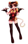  arc_system_works battle_fantasia brown_hair cat_woman_waitress chinese_clothes coyori double_bun gloves kara_(color) poster_girl red_eyes sandals simple_background slit_pupils smile tail thigh-highs waitress zettai_ryouiki 