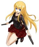 1girl adachi_yousuke blonde_hair blue_eyes choker dual_wielding gun long_hair plaid skirt solo weapon 