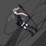  1girl back bangs belt belt_pouch black_eyes black_gloves blonde_hair boots breasts chaps dutch_angle duto from_behind full_body gloves grey_background holding holding_sword holding_weapon kazuoki legs_apart long_hair looking_back original sleeveless small_breasts solo standing string sword thigh_strap unitard very_long_hair weapon 