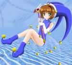  1girl 90s blue_hat brown_hair card_captor_sakura child elbow_gloves flipper full_body fuuin_no_tsue gem gloves green_eyes hat holding jester_cap kinomoto_sakura leotard looking_at_viewer magical_girl pom_pom_(clothes) short_hair solo sphere wand white_gloves 