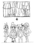  4girls :3 :d hiiragi_kagami hiiragi_tsukasa izumi_konata long_hair lowres lucky_star monochrome multiple_girls nekono_osero open_mouth pantyhose short_hair siblings sisters smile takara_miyuki twins twintails 