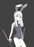  1girl animal_ears covered_navel cowboy_shot dual_wielding fake_animal_ears grey_background holding holding_weapon kazuoki original rabbit_ears school_swimsuit simple_background skin_tight solo standing swimsuit weapon 