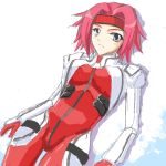  1girl arms_at_sides bodysuit code_geass cowboy_shot green_eyes headband kallen_stadtfeld looking_at_viewer lowres pink_hair ryuushou short_hair simple_background skin_tight smile solo thigh_gap white_background 