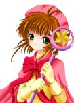  1girl 90s beret blush brown_hair card_captor_sakura child closed_mouth dress elbow_gloves flipper gloves green_eyes hat head_tilt holding hoshi_no_tsue kinomoto_sakura long_sleeves looking_at_viewer magical_girl pink_hat red_dress short_hair smile solo star wand 