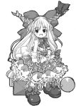  1girl belt bow chains female flowergarden full_body hair_bow horns ibuki_suika long_hair looking_at_viewer monochrome open_mouth ribbon_trim shirt shoes simple_background skirt sleeveless sleeveless_shirt smile solo standing touhou very_long_hair white_background wrist_cuffs 