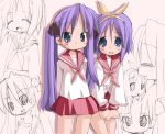  4girls :3 bow hair_bow heppokokun hiiragi_kagami hiiragi_tsukasa izumi_konata kusakabe_misao lucky_star multiple_girls purple_hair school_uniform serafuku siblings sisters twins twintails 