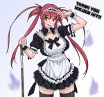  1girl airi_(queen&#039;s_blade) amayu breasts green_eyes large_breasts looking_at_viewer maid queen&#039;s_blade redhead salute smile solo thigh-highs twintails very_long_hair wrist_cuffs zettai_ryouiki 