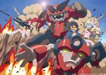  1boy 2girls blue_eyes blue_hair blue_sky blush boota breasts curly_hair day explosion fire flame gainaxtop gun gurren lagann large_breasts macha machinery multiple_girls nia_teppelin outdoors rifle rock simon sky smoke sniper_rifle sunlight tengen_toppa_gurren_lagann two_side_up under_boob weapon yoko_littner 