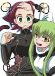  2girls breasts c.c. code_geass eyebrows eyebrows_visible_through_hair green_eyes green_hair kallen_stadtfeld large_breasts long_hair military military_uniform miyakodori_takayuki multiple_girls redhead robe short_hair sidelocks simple_background skin_tight uniform upper_body very_long_hair white_background yellow_eyes 