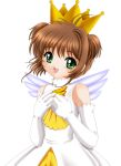  1girl 90s angel_wings ascot brown_eyes brown_hair card_captor_sakura child cowboy_shot crown dress elbow_gloves flipper gloves green_eyes hand_on_own_chest kinomoto_sakura looking_at_viewer open_mouth simple_background solo white_background white_dress white_gloves wings 