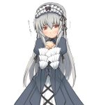  00s 1girl cross-laced_clothes frilled_sleeves frills hair_ribbon hairband jingai_modoki lolita_hairband long_hair long_sleeves looking_away looking_to_the_side masaki red_eyes ribbon rozen_maiden silver_hair solo standing suigintou very_long_hair white_background 