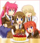  5girls ahoge blonde_hair blue_eyes blush braid brown_hair cake candle closed_eyes food fruit hair_ornament long_hair lyrical_nanoha mahou_shoujo_lyrical_nanoha mahou_shoujo_lyrical_nanoha_strikers military military_uniform minigirl multiple_girls necktie one_eye_closed open_mouth pastry pink_hair plate ponytail reinforce_zwei saki_chisuzu shamal signum strawberry twin_braids uniform very_long_hair violet_eyes vita yagami_hayate zafira 