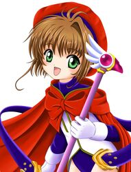  1girl 90s :d brown_hair card_captor_sakura child flipper fuuin_no_tsue gloves green_eyes hat kinomoto_sakura looking_at_viewer magical_girl open_mouth red_hat short_hair simple_background smile solo white_background white_gloves 