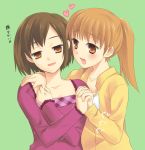  2girls :d anger_vein bangs blonde_hair brown_hair collarbone eyebrows eyebrows_visible_through_hair frilled_sleeves frills fuyuichi green_background hand_holding hand_on_another&#039;s_shoulder hand_under_clothes head_to_head heart interlocked_fingers long_hair long_sleeves looking_at_another looking_away motion_lines multiple_girls open_mouth orange_eyes pinching plaid ponytail sasaki sasaki_(suzumiya_haruhi) short_hair simple_background smile suzumiya_haruhi_no_yuuutsu sweatdrop swept_bangs tachibana_kyouko tagme trembling upper_body yuri 