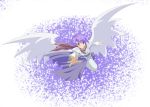  1girl androgynous blue_eyes blue_hair blush flying outstretched_hand pants purple purple_background purple_hair smile solo wings 