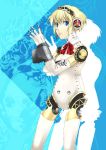  1girl aegis aegis_(persona) android atlus blonde_hair blue_eyes bow bowtie cowboy_shot headphones machinery mizuki_makoto persona persona_3 red_bow red_bowtie robot_joints short_hair silhouette solo standing 