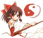  1girl bow brown_eyes brown_hair detached_sleeves female gohei hair_bow hakurei_reimu imperishable_night long_hair mikami_komata mikami_konu outstretched_arm sidelocks simple_background smile solo touhou yin_yang 