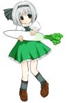  1girl black_eyes blush brown_shoes daikon female full_body futami_yayoi green_skirt hairband horns konpaku_youmu looking_at_viewer puffy_short_sleeves puffy_sleeves shoes short_hair short_sleeves silver_hair simple_background skirt socks solo touhou white_background 