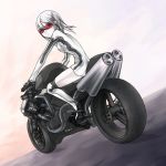  1girl biker_clothes bikesuit boots gloves ground_vehicle kazuoki knee_boots looking_back motor_vehicle motorcycle original short_hair solo sunglasses vehicle white_boots 