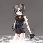  1girl black_gloves bodysuit brown_eyes brown_hair cable gloves goggles grey_background holding kazuoki leotard looking_at_viewer machinery original shoes simple_background skin_tight solo standing wading water wetsuit wire 