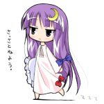  1girl :&lt; chibi crescent crescent_hair_ornament female flat_gaze hair_ornament hat hat_removed headwear_removed holding holding_hat long_hair lowres mizuno_kurage nightgown no_hat no_headwear patchouli_knowledge purple_hair ribbon solo touhou translated violet_eyes 