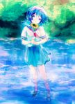  1girl blue_eyes blue_hair flower original osamu river school_uniform serafuku short_hair solo sunflower wading water 