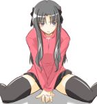  1girl black_hair black_legwear blue_eyes blush fate/stay_night fate_(series) fue_(rhomphair) hair_down hair_ribbon hands_clasped long_hair ribbon sitting skirt solo sweater thigh-highs thighs tohsaka_rin turtleneck v_arms wariza zettai_ryouiki 