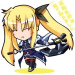  1girl bardiche blonde_hair chibi fate_testarossa kajun lowres lyrical_nanoha mahou_shoujo_lyrical_nanoha mahou_shoujo_lyrical_nanoha_strikers solo thigh-highs 