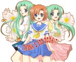  3girls ;d black_background blue_eyes blue_skirt blush green_hair half_updo higurashi_no_naku_koro_ni hits looking_at_viewer multiple_girls one_eye_closed open_mouth orange_hair pink_skirt pleated_skirt ryuuguu_rena sailor_collar school_uniform serafuku short_hair short_sleeves siblings simple_background sinko sisters skirt smile sonozaki_mion sonozaki_shion twins violet_eyes 