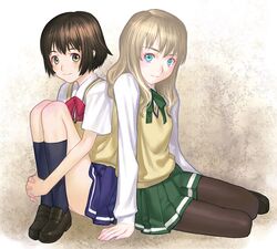  2girls arm_support bangs black_legwear black_shoes blonde_hair blue_eyes blue_legwear blue_skirt blush bow bowtie brown_hair closed_mouth collared_shirt dress_shirt full_body green_bow green_ribbon green_skirt kaminagi_ryouko kneehighs knees_to_chest leg_hug long_hair long_sleeves minato miniskirt multiple_girls neck_ribbon pale_skin pantyhose pleated_skirt red_bow red_bowtie ribbon sakamoto_mineji school_uniform serafuku shirt shoes short_hair short_sleeves sitting skirt smile sweater_vest upskirt white_shirt yellow_eyes yokozuwari zegapain 